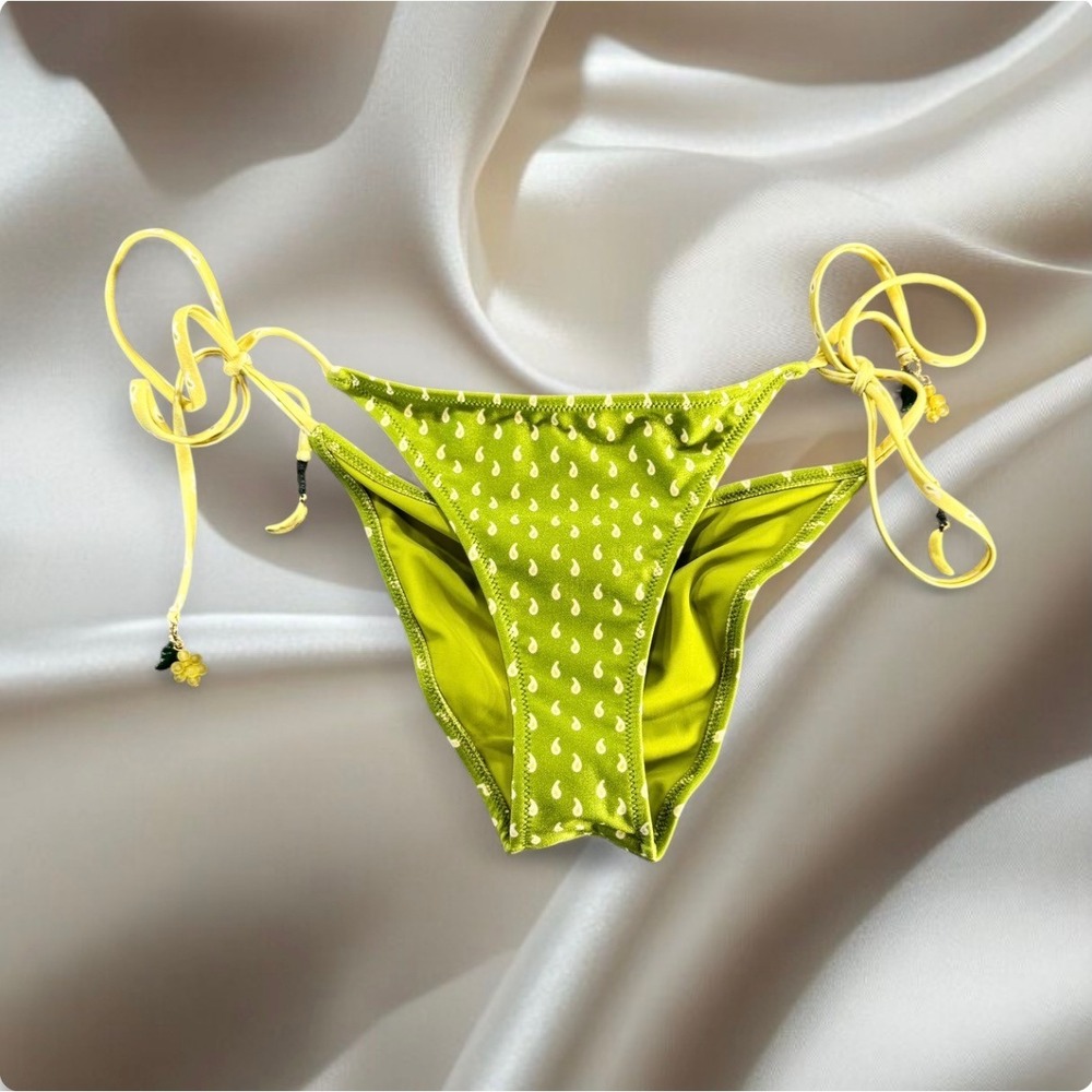 Shani Shemer Green Paisley Tie Ruched Bikini‎ Bottoms Fruit Charms Size M Luxury
